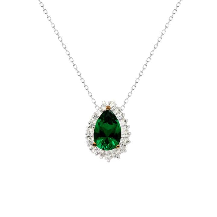 CARAT* London Eleanor Sterling Silver Emerald Green CZ Pear Shaped Pendant Necklace. The Eleanor sterling silver necklace with white gold-plating features a pear-shaped emerald green Cubic Zirconia gemstone pendant. A glamorous design that is sure to sparkle and make a statement.