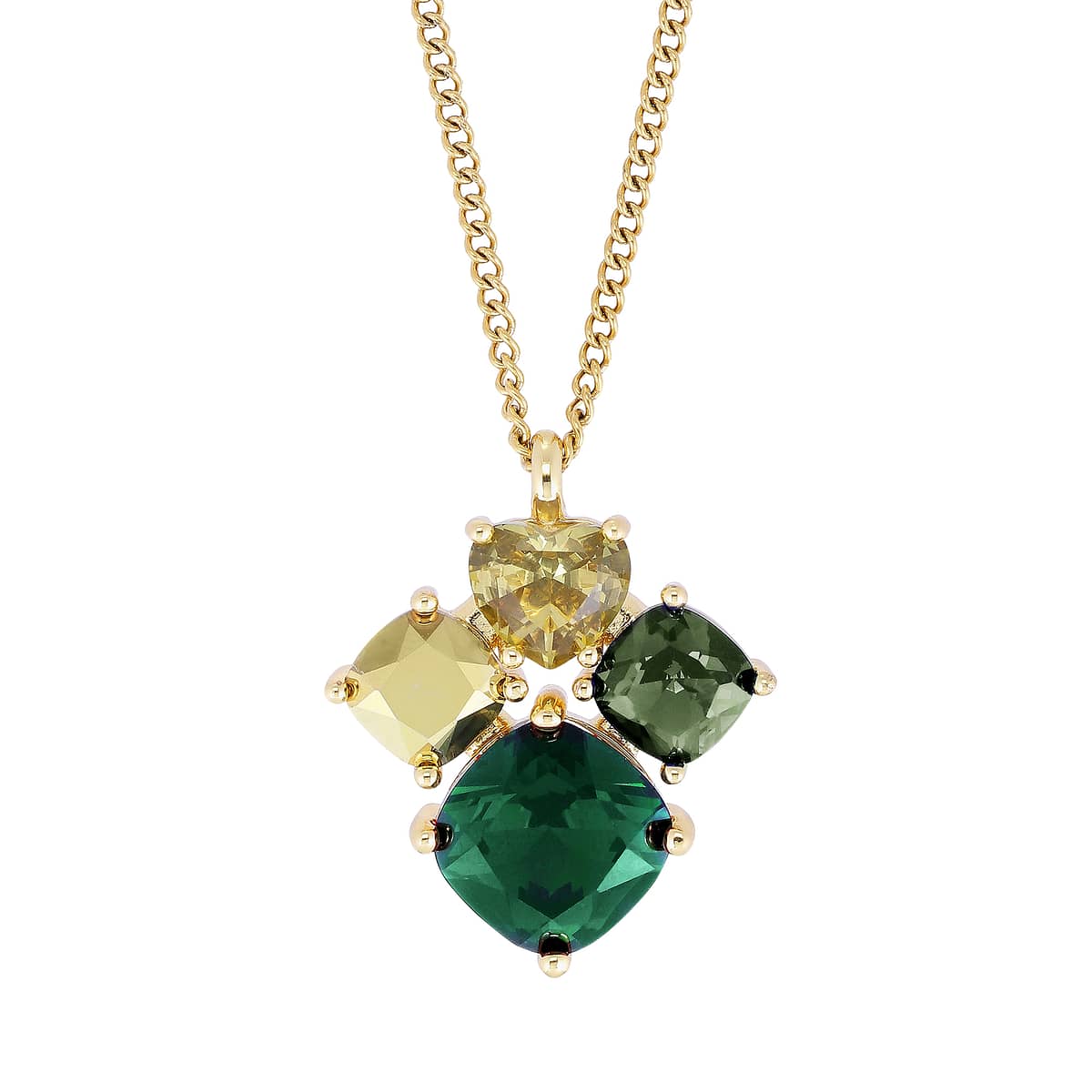 MASIKA - is an eye catching pendant necklace made with a pendant created with several handset crystals on a prongset backdrop. Length is 40 cm + extension chain. Here shown in an emerald green and golden finish. Nickel free Danish design.