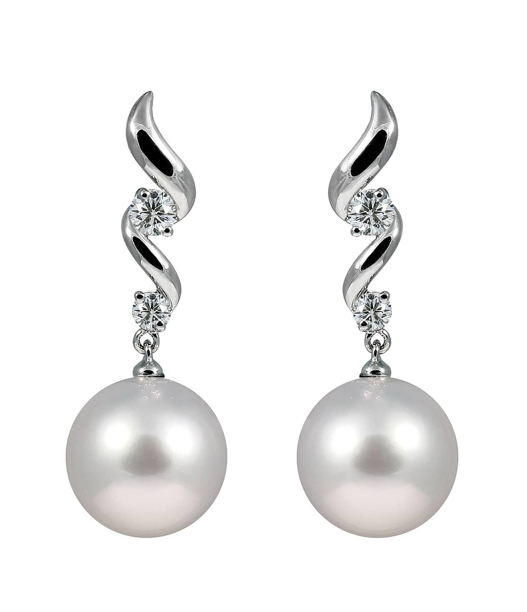 Yoko London South Sea Pearl Drop Earrings with 10-11mm Cultured Pearls and 0.22 Carat Diamonds set in 18ct White Gold in a Twirl Design.