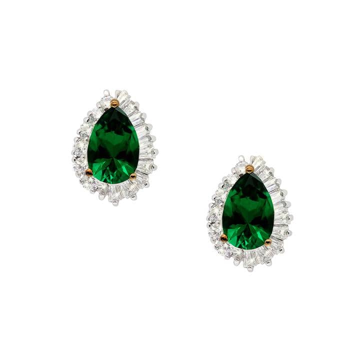 CARAT* London Eleanor Sterling Silver Emerald Green CZ Pear Shaped Earrings. The Eleanor sterling silver earrings with white gold-plating feature pear-shaped emerald green Cubic Zirconia gemstones. An alluring design that is sure to sparkle and make a statement.