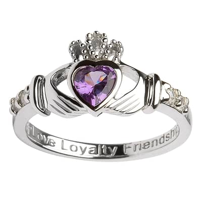 Traditionally symbolising Love, Loyalty and Friendship, this ring is the perfect gift for someone with a June birthday. This sterling silver Claddagh ring is set with a cubic zirconia alexandrite stone.