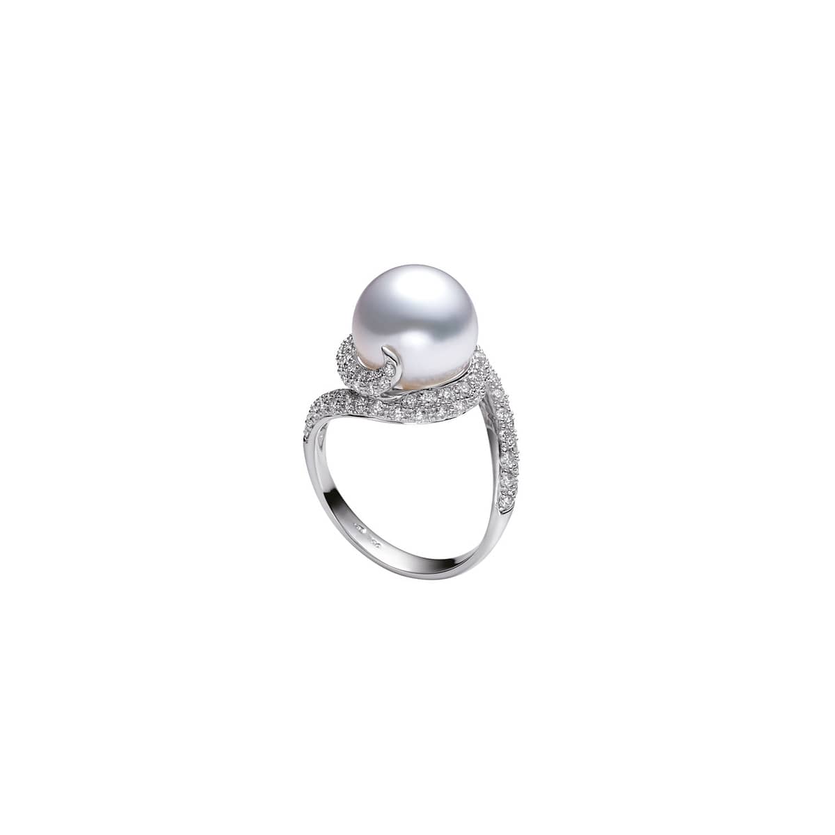 Mikimoto Rhapsody Ring with a 10-11mm White South Sea Cultured Pearl surrounded in a twist by 0.62 ct of Diamonds and set in 18K White Gold. A striking ring for that special occasion.