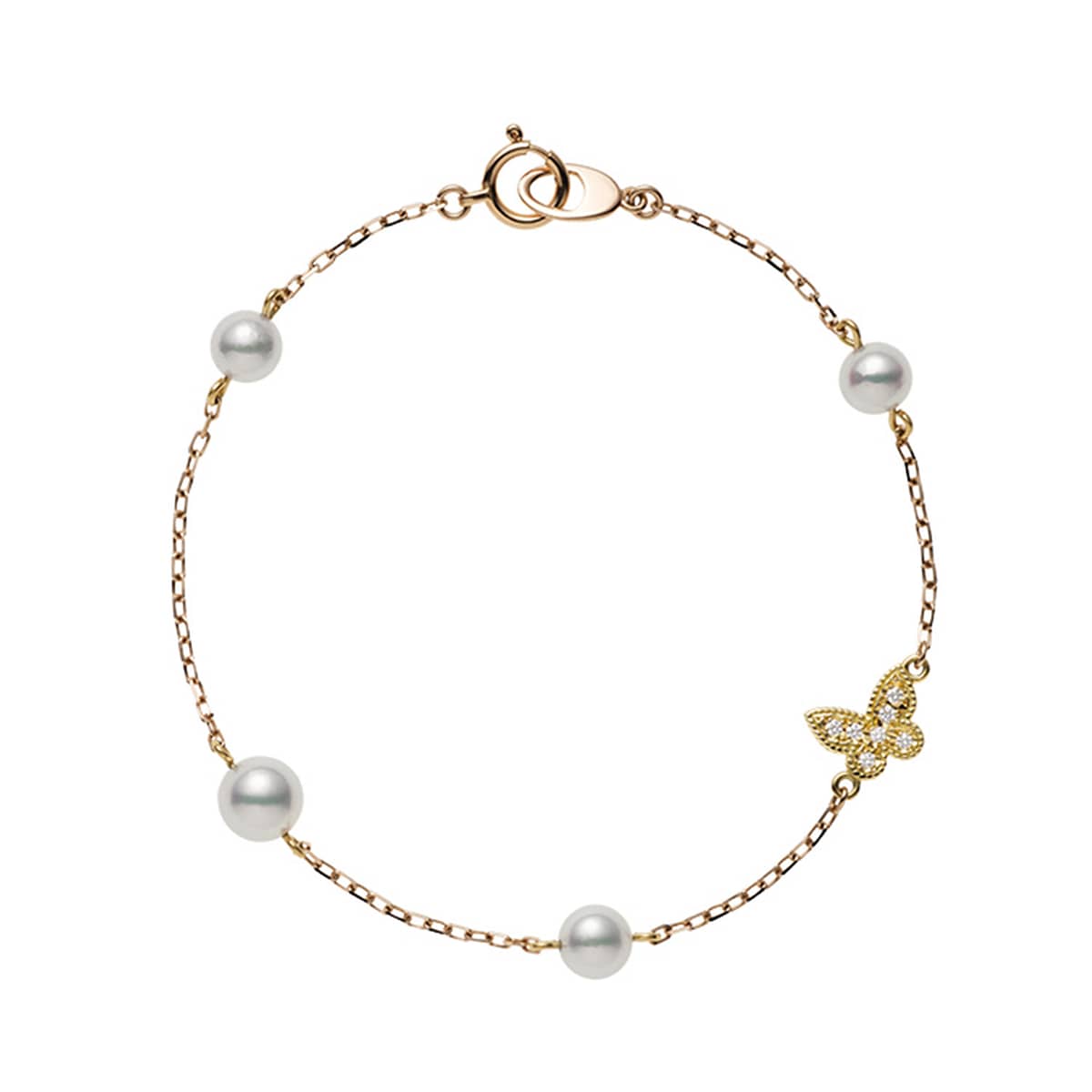 Mikimoto 18k Rose Gold Pearl and Diamond Butterfly Bracelet. Simple, elegant and feminine: this bracelet is set with Akoya Cultured pearls and on an 18k rose gold strand bracelet, complete with a diamond set butterfly charm. Bracelet length 17cm, diamond carat weight 0.03ct, pearl size 5.5 - 4.5mm.