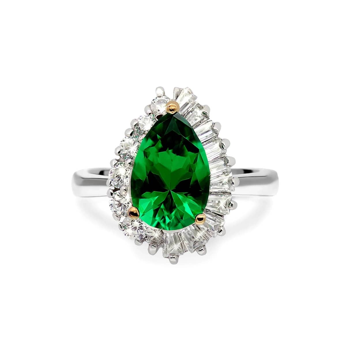 CARAT* London Eleanor ring is made in sterling silver with white gold plating. The emerald green coloured centre stone is the equivalent of 3 carats and cut in a pear shape. Encapsulated by round and emerald cut white stones. An elegant ring which is sure to dazzle.