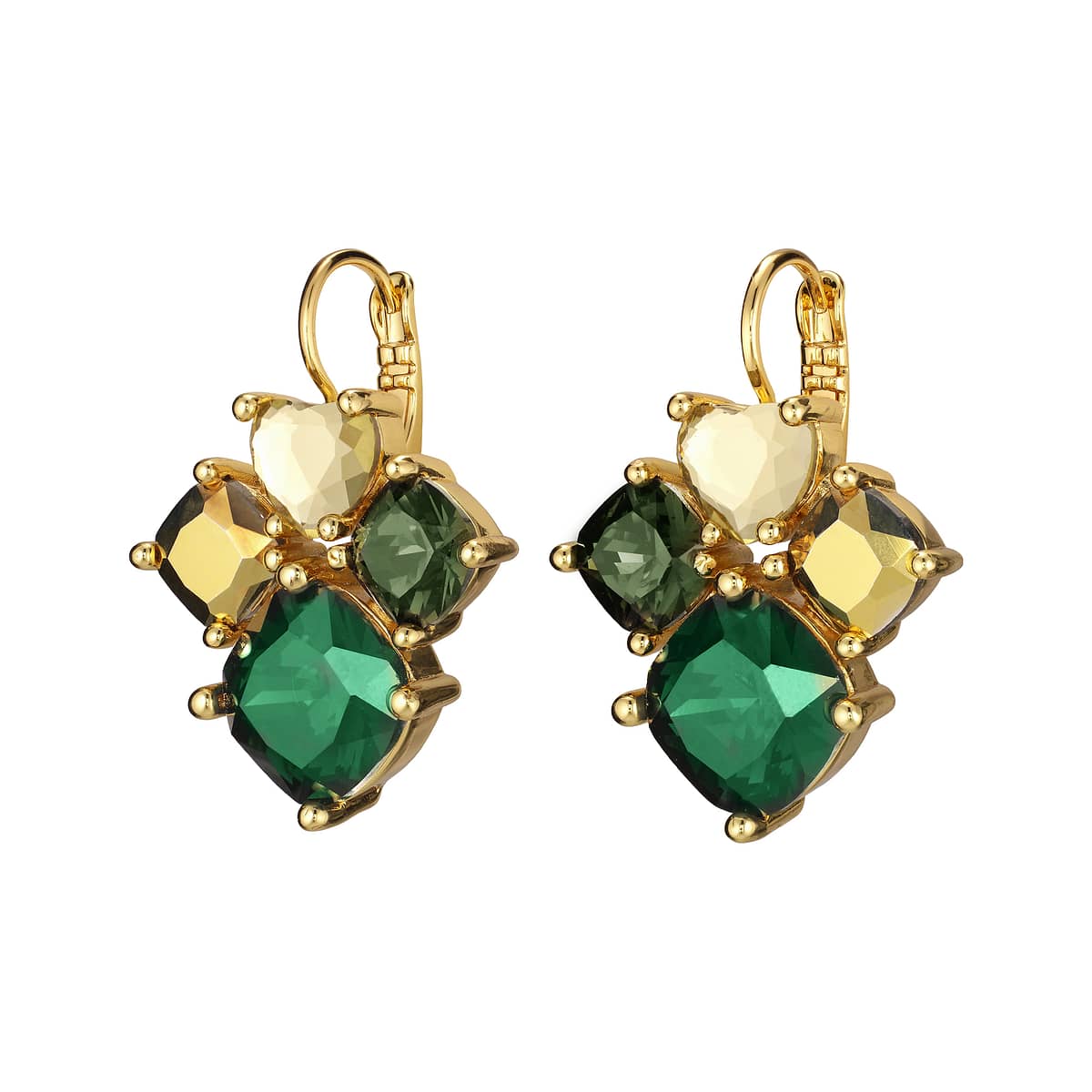 MARA - is a a fantastic crystal chandelier earring handmade with several handset crystals on a prongset backdrop - French hook is made in surgical steel. Body made in plated and polished brass. Here shown in an emerald green and golden mix finish. Nickel free Danish design.