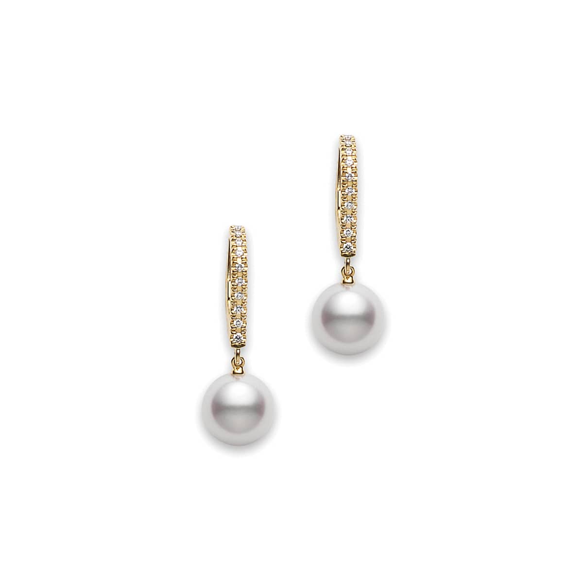 Mikimoto 18k Yellow Gold and Diamond Drop Pearl Earrings. Set with 7.5mm Ayoka Cultured pearls, these stunning drop earrings also feature 0.08ct diamonds, set along the 18k yellow gold drop. Complete any look in an instant with these timeless and elegant drop earrings from Mikimoto.
